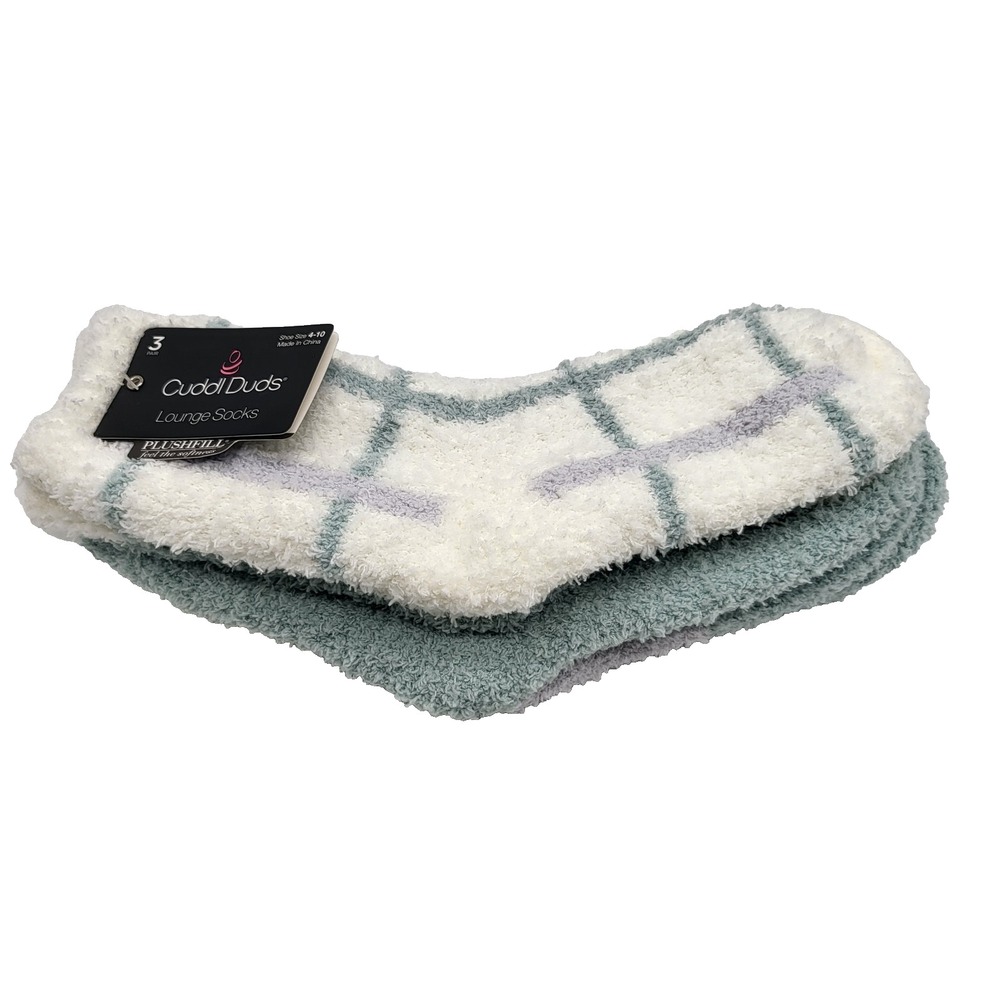 Cuddl Duds Plushfill‎ Lounge Socks 3 Pair Women 4-10 White Green Cozy Soft Fuzzy
